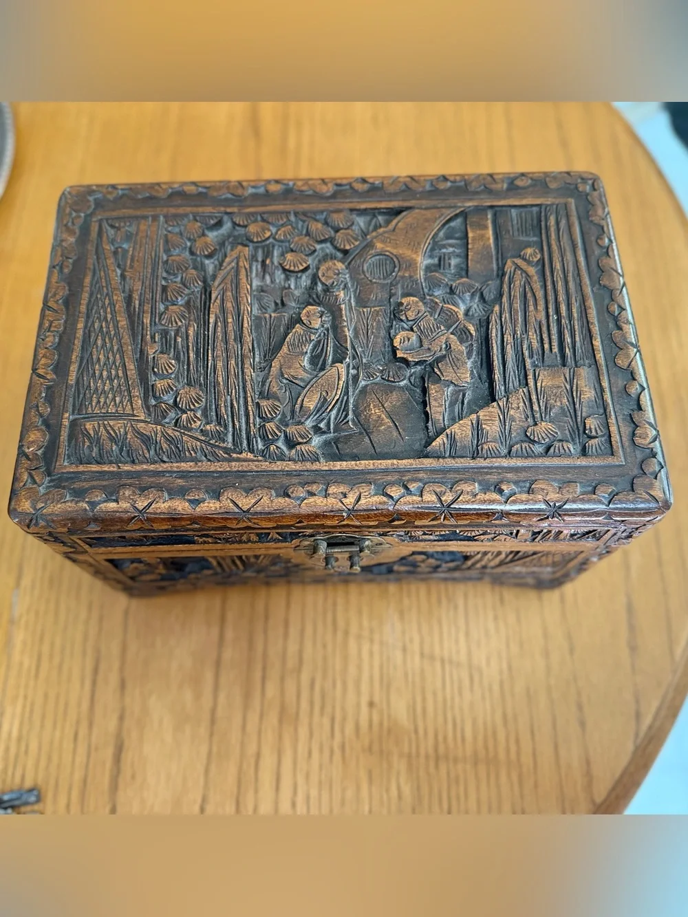 Vintage Hand Carved Camphor Wood Chest Asian Relief Scenic Brass Latch Trunk